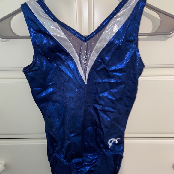 A gorgeous blue and white GK gymnastics leotard